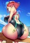 1girl ass back big_breasts blush breasts clouds competition_swimsuit from_behind heroine looking_at_viewer looking_back nintendo one-piece_swimsuit pyra red_eyes red_hair short_hair sideboob sitting sky smile swimsuit xenoblade xenoblade_(series) xenoblade_chronicles_2
