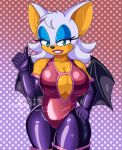  1girl animal_ears bare_shoulders bat_wings bedroom_eyes black_gloves blue_eyes breasts cleavage elbow_gloves grin hand_on_hip large_breasts leotard lipstick looking_at_viewer makeup mascara rouge_the_bat sega shiny_clothes teeth thick_thighs thighs wide_hips wings 