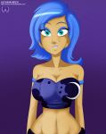 1girl alcasar-reich bare_shoulders big_breasts blue_eyes blue_hair blue_lipstick breasts cleavage crescent_moon female female_human female_only friendship_is_magic humanized lipstick looking_at_viewer makeup mascara medium_hair midriff my_little_pony navel princess_luna purple_background simple_background smile
