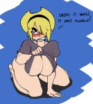 1girl 2019 big_breasts blonde_hair blush bottomless breasts cartoon_network cleavage darkeros dialogue embarrassed hair_over_one_eye mandy_(billy_&amp;_mandy) no_nose shirt_lift short_hair solo_focus teeth the_grim_adventures_of_billy_and_mandy
