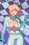  1girl 2017 arm_support belt blonde_hair blue_eyes blue_gloves breasts cleavage crown dpsiko gloves hair_over_one_eye jumpsuit large_breasts lips long_hair looking_at_viewer mario_kart mrdeepay navel parted_lips princess_rosalina rosalina sagging_breasts scarf signature smile super_mario_bros. thighs wide_hips 