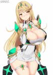 1girl alluring armor bare_shoulders big_breasts blonde_hair blush breasts cleavage cleavage_cutout dress gloves hair_ornament jewelry kainkout long_hair looking_at_viewer mythra nintendo smile thigh_strap thighs very_long_hair white_background xenoblade_(series) xenoblade_chronicles_2 yellow_eyes