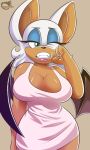  1girl animal_ears anthro bat_wings blue_eyes blue_nails breasts cleavage fangs furry hand_to_mouth large_breasts lips makeup mascara nail_polish omegasunburst one_eye_closed painted_nails rouge_the_bat sega tank_top teeth tired wide_hips wings 
