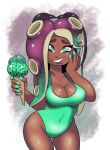 1girl breasts cleavage covered_navel dark-skinned_female dark_skin food green_bikini green_eyes green_nails hand_to_face ice_cream large_breasts looking_at_viewer marina_(splatoon) mole mole_under_mouth nail_polish omegasunburst one-piece_swimsuit painted_nails smile splatoon teeth tentacle_hair thighs wide_hips 