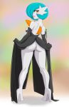  1girl ass black_dress blush breasts dress dress_lift female female_only female_pokemon gardevoir hair_over_one_eye looking_at_viewer looking_over_shoulder mega_gardevoir no_bra no_panties partially_clothed pokemon pokemon_(creature) sideboob solo yellow_eyes 