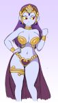  1girl annoyed bracelet breasts cleavage collar earrings hand_on_hip hand_up jewelry large_breasts legs looking_away navel omegasunburst purple_hair purple_skin red_eyes risky_boots shantae thighlet thighs wide_hips 