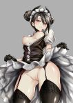  1girl 1girl 1girl agent_(girls_frontline) black_gloves black_hair black_legwear blush breasts breasts_out_of_clothes cowboy_shot double_bun dress dress_lift garter_straps girls_frontline gloves grey_background hair_between_eyes kaori_hero lifted_by_self lingerie long_hair looking_at_viewer maid maid_headdress medium_breasts nipples nopan pussy sangvis_ferri shiny shiny_skin silver_eyes simple_background stockings uncensored yellow_eyes 