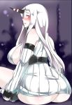  1girl ass bare_shoulders blush breasts detached_sleeves dress horn huge_ass huge_breasts kantai_collection long_hair looking_at_viewer looking_back no_panties ribbed_dress ribbed_sweater seaport_hime shinkaisei-kan short_dress sideboob sweater_dress white_hair 