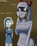 2_girls aged_up alcasar-reich bandages big_breasts black_skin blue_dress blue_eyes blue_skin bow breasts dialogue dress female_only finger_to_mouth ghost ghoul_school looking_at_another mummy phantasma_phantom ponytail red_bow short_hair smile tanis_mummy thighs white_hair wide_hips