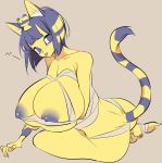  animal_crossing animal_ears ankha ankha_(animal_crossing) anthro areola arm_under_breasts ass big_ass blue_eyes blue_hair breasts cat_ears cat_tail egyptian feline furry huge_breasts looking_at_viewer nipples short_hair simple_background sitting striped_tail tongue tongue_out wraps yellow_fur 