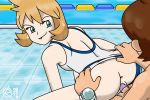  1boy 1girl ass bent_over biting_lip condom condom_sex female_human from_behind human human/human kasumi_(pokemon) lip_biting looking_back male/female male_human misty mostly_nude one-piece_swimsuit penis_in_pussy pokemon pool poolside sex short_hair swimsuit swimsuit_aside vaginal vaginal_penetration vaginal_sex 
