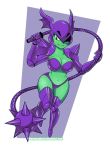  1girl armor bikini_armor blue_eyes breasts cleavage green_skin grin helmet holding holding_whip large_breasts midriff navel omegasunburst parted_lips shantae spiked_ball thighs whip wide_hips 