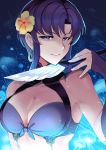  1girl bare_shoulders bikini blue_eyes blue_hair breasts cleavage earrings elbow_gloves fire_emblem fire_emblem_heroes flower gloves hair_flower jewelry knife large_breasts looking_at_viewer purple_hair short_hair simple_background smile swimsuit ursula_(fire_emblem) weapon 