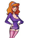  1girl biting_lip breasts clothed daphne_blake dress female female_only hairband looking_at_viewer no_bra purple_hairband red_hair scooby-doo solo standing stockings white_background 
