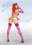  1girl ass bra daphne_blake female female_only gloves hairband high_heels kneepits lingerie mostly_nude parasitius presenting_hindquarters purple_high_heels red_hair scooby-doo solo standing stockings 