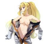  1girl armpits blonde blush bodysuit breasts female_only gundam hair_ornament hair_scrunchie high_resolution kudelia_aina_bernstein large_breasts long_hair looking_at_viewer looking_to_the_side mobile_suit_gundam:_iron-blooded_orphans navel nipples open_clothes open_mouth ponytail purple_eyes pussy scrunchie sidelocks simple_background spacesuit standing third-party_edit tied_hair uncensored undressing white_background yone 