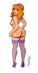  1girl ass daphne_blake female female_only hackman23 hairband high_heels looking_at_viewer mostly_nude no_bra orange_hair panties panties_pull purple_high_heels purple_panties scooby-doo sideboob solo standing stockings white_background 