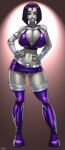  big_breasts boots choker cleavage cosplay costume_switch cropped_legs dc_comics demon demon_girl erect_nipples forehead_jewel grey_body half_demon hands_on_hips hypnolion_(manipper) inner_boob looking_down purple_eyes purple_hair raven_(dc) sideboob standing starfire starfire_(cosplay) stockings teen_titans thick_thighs thigh_high_boots wilko 
