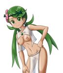  1girl breasts exposed_breasts female female_human female_only green_eyes green_hair hairless_pussy human long_hair looking_at_viewer mallow mallow_(pokemon) nipple_rings no_bra no_panties pokemon pussy see-through solo transparent_clothing white_background 