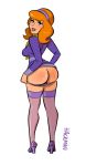  1girl ass clothed daphne_blake dress dress_lift female female_only hackman23 hairband high_heels looking_at_viewer panties panties_pull purple_high_heels purple_panties red_hair scooby-doo solo standing stockings white_background 
