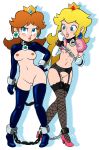  2_girls 2girls ankle_cuffs blue_eyes breasts collar crown earrings female_human garter_belt hairless_pussy handcuffs high_heels mostly_nude no_bra no_panties princess_daisy princess_peach shax standing stockings super_mario_bros. 