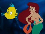  1boy 1girl blue_eyes breasts disney edit female fish flounder kuplo_(artist) long_hair mermaid navel nude princess_ariel red_hair the_little_mermaid underwater 
