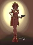  1girl breasts brown_hair crown dark-skinned_female earrings female_human female_only gun hairless_pussy looking_at_viewer medium_breasts no_bra no_panties no_underwear partially_clothed platform_footwear princess_daisy psicoero pussy super_mario_bros. unbuttoned weapon 