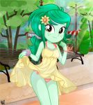  1girl bare_shoulders charliexe dress dress_lift equestria_girls female female_only flashing freckles friendship_is_magic green_hair long_hair looking_at_viewer my_little_pony outdoor outside panties solo standing wallflower_blush 