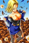  1girl android_18 areola blonde_hair blue_eyes breasts dragon_ball dragon_ball_z female_focus female_only female_solo hair looking_at_viewer nipples outside pantyhose short_hair solo_focus torn_clothes torn_clothing undressing youngjijii 