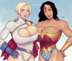  1girl 2_girls abs breast_press breasts cleavage dc_comics devil_hs diana_prince female_only huge_breasts kara_zor-l karen_starr leotard looking_at_viewer muscle muscular muscular_female power_girl thick_thighs wide_hips wonder_woman wonder_woman_(series) 