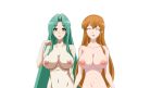  2girls alluring areola big_breasts breasts brown_hair charlotte_(in_another_world_with_my_smartphone) closed_eyes completely_nude erect_nipples first_porn_of_character green_hair high_resolution in_another_world_with_my_smartphone leen_(in_another_world_with_my_smartphone) long_hair maid nipples nude nude_filter outside screen_capture seshiru_(in_another_world_with_my_smartphone) smile third-party_edit 