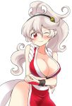  1girl alternate_hairstyle arms_under_breasts bare_shoulders blush breasts can&#039;t_be_this_cute cleavage corrin_(fire_emblem) corrin_(fire_emblem)_(female) cosplay eromame fatal_fury fire_emblem fire_emblem_fates hair_between_eyes hair_ornament hairband japanese_clothes large_breasts long_hair looking_at_viewer nintendo no_bra no_panties one_eye_closed pelvic_curtain pointy_ears ponytail red_eyes revealing_clothes sash shiranui_mai shiranui_mai_(cosplay) silver_hair smile solo standing super_smash_bros. the_king_of_fighters white_background wink 