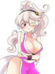  1girl 1girl alternate_hairstyle arms_under_breasts bare_shoulders big_breasts blush breasts can&#039;t_be_this_cute cleavage corrin_(fire_emblem) corrin_(fire_emblem)_(female) cosplay eromame fatal_fury fire_emblem fire_emblem_fates hair_between_eyes hair_ornament hairband japanese_clothes long_hair looking_at_viewer nintendo no_bra no_panties one_eye_closed pelvic_curtain pointy_ears ponytail red_eyes revealing_clothes sash shiranui_mai shiranui_mai_(cosplay) silver_hair smile standing super_smash_bros. the_king_of_fighters white_background wink 
