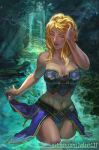  1girl 1girl bare_arms bare_shoulders bathing big_breasts bikini blonde_hair breasts cleavage closed_eyes closed_mouth collarbone corset fantasy forest glowing glowing_hair jaina_proudmoore judash137 legs lips long_hair magic midriff muscle nature navel outside partially pink_skin submerged swimsuit thighs toned underwear waist warcraft wide_hips world_of_warcraft 