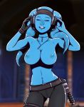  1girl 2018 alenya_hirani belly_piercing belt big_breasts blue_skin breasts dave_cheung dave_cheung_(artist) energy_sword female_only female_solo freckles gloves headphones headset high_resolution jedi jedi_padawan jewelry lightsaber navel_piercing necklace nipples pants smile solo_female star_wars sword the_old_republic topless twi&#039;lek weapon 