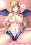  1_girl 1girl bed big_breasts blonde blue_eyes blush breasts closed_mouth demon_girl demon_horns demon_tail demon_wings elf eyebrows_visible_through_hair hair_between_eyes heart heart_tattoo horns kuurunaitsu long_hair looking_at_viewer midriff navel nipples no_bra nopan on_bed open_clothes open_fly original pointed_ears pubic_tattoo short_shorts shorts sitting sitting_on_bed smile speech_bubble spoken_heart succubus tail tattoo tongue tongue_out unzipped wings 