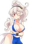  1girl 1girl alternate_hairstyle arms_under_breasts bare_shoulders big_breasts blush breasts can&#039;t_be_this_cute cleavage corrin_(fire_emblem) corrin_(fire_emblem)_(female) cosplay eromame fatal_fury fire_emblem fire_emblem_fates hair_between_eyes hair_ornament hairband japanese_clothes long_hair looking_at_viewer nintendo no_bra no_panties one_eye_closed pelvic_curtain pointy_ears ponytail red_eyes revealing_clothes sash shiranui_mai shiranui_mai_(cosplay) silver_hair smile standing super_smash_bros. the_king_of_fighters white_background wink 