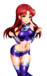  1girl artist_request breasts crop_top dc dc_comics green_eyes happy hips long_hair medium_breasts miniskirt red_hair skin_tight skirt starfire stockings teen_titans thigh_gap thighs toned transparent_background 
