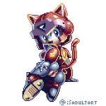  1girl 1girl 1girl anthro anus armor artist_name ass ass back cat female_focus female_only furry hand_on_ass hand_on_hip helmet hotred is is_(artist) looking_at_viewer no_panties open_mouth pixel_art polly_esther purple_eyes pussy pussy samurai_pizza_cats smile solo_focus tail twitter_username web_address 