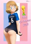  1girl 2018 ass blue_eyes female female_only fifa france lace_panties looking_at_viewer nintendo panties pokemon pokemon_xy serena serena_(pokemon) short_hair solo standing t-shirt world_cup zel-sama 