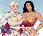  1girl 2_girls abs breast_press breasts cleavage dc_comics devil_hs diana_prince female_only huge_breasts karen_starr leotard looking_at_viewer muscle muscular muscular_female power_girl thick_thighs wide_hips wonder_woman wonder_woman_(series) 