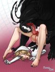 1boy 1girl ass blonde_hair bodysuit bottomless eddie_brock female_human gwen_stacy looking_at_viewer male/female marvel no_panties oral partially_clothed pussylicking saliva spider-gwen spider-man_(series) venom very_long_tongue 