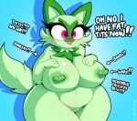 1girl :3 anthro anthrofied areola big_breasts breasts cat_ears english_text eroticphobia furry gen_9_pokemon green_fur huge_breasts nintendo nipples pokemon pokemon_sv sprigatito standing text thick_thighs wide_hips