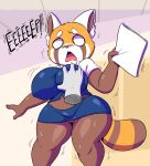 1girl 2019 aggressive_retsuko ailurid anthro big_breasts blush breast_grab breasts clothed clothing dialogue digital_media_(artwork) disembodied_hand empty_eyes english_text female_focus furry hand_on_breast harassment high_res holding_object joaoppereiraus mammal open_mouth paper red_panda retsuko sanrio sexual_harassment shocked solo_focus text thick_thighs wide_hips 