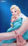 1girl 2boys anal anal_penetration anal_sex blonde_hair braid breasts breasts_out_of_clothes clothed_female_nude_male double_anal dress elsa elsa_(frozen) exposed_breasts female frozen_(movie) light_blue_dress looking_at_viewer male male/female mmf_threesome no_panties penis_in_ass pussy rino99 sex stretched_anus threesome