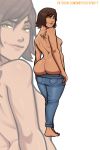  1girl 1girl ass back back_tattoo barefoot breasts brown_eyes brown_hair feet high_resolution jeans looking_at_viewer looking_back medium_hair mrpotatoparty original original_character pants pants_down rebecca_(mrpotatoparty) smirk standing tattoo topless undressing 