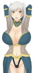  1girl 1girl big_breasts blush breasts cleavage fire_emblem fire_emblem:_awakening high_res huge_breasts midriff navel nintendo open_mouth raigarasu revealing_clothes robin_(fire_emblem) robin_(fire_emblem)_(female) smile tagme twin_tails white_background white_hair yellow_eyes 