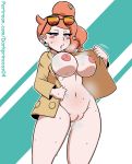  1girl 2019 5_fingers alternate_breast_size big_breasts blush clothed clothing darkprincess04 earrings erect_nipples eyebrows_visible_through_hair eyelashes female_only glasses hair heavy_breathing huge_breasts human human_only jacket looking_down nintendo nipples nude orange_hair pokemon pokemon_ss pussy simple_background sonia_(pokemon) steam sunglasses sweat text thick thick_thighs vagina video_games wide_hips 