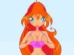  1girl bloom bloom_(winx_club) blue_eyes bouncing_breasts breast_drop breasts female female_only gif long_hair looking_at_viewer mostly_nude nipples no_bra plucking red_hair solo winx_club zfive 