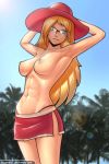  1_girl 1girl abs areola arms_behind_head big_breasts blonde blonde_hair breasts clavicle eyewear female female_only glasses green_eyes hat kagato007 long_hair looking_at_viewer megane nipples outdoor outside palm_tree red_skirt skirt small_breasts solo standing sun_hat sunglasses topless tree 